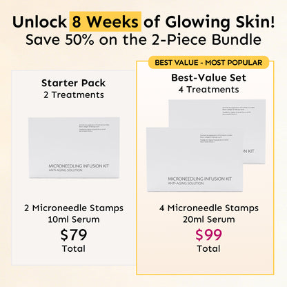 Promotional bundle options for the microneedling kit, featuring a 2-treatment Starter Pack and a popular 4-treatment Best-Value set designed for 8 weeks of consistent dewy skin.