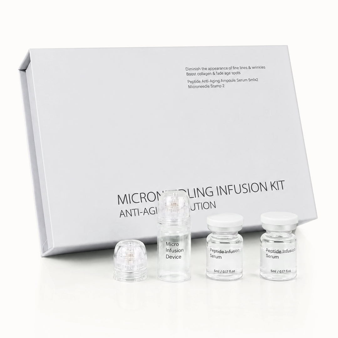 Sterile at-home microneedling kit packaging, displaying the microneedle stamping device and single-use anti-aging serum bottles.