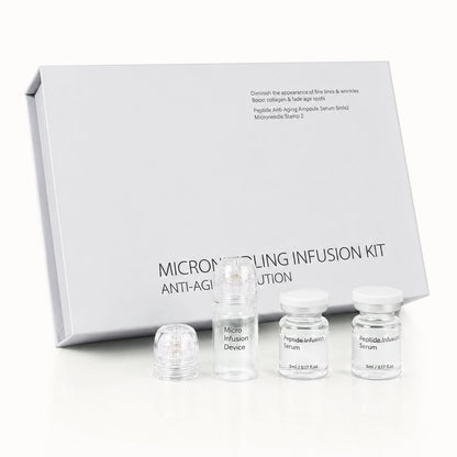 Sterile at-home microneedling kit packaging, displaying the microneedle stamping device and single-use anti-aging serum bottles.