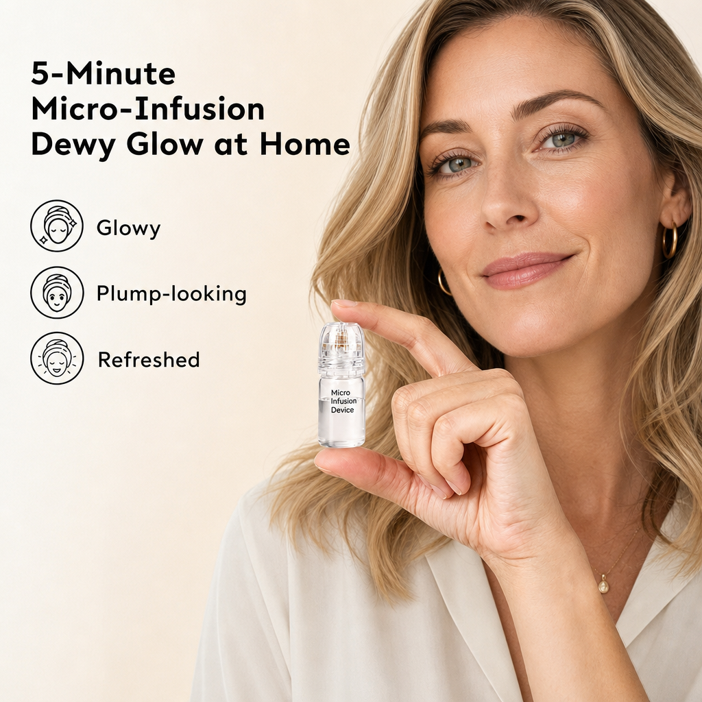 Woman holding the at-home microneedle device, highlighting a 5-minute skincare routine for a dewy, plump-looking, and refreshed glow.