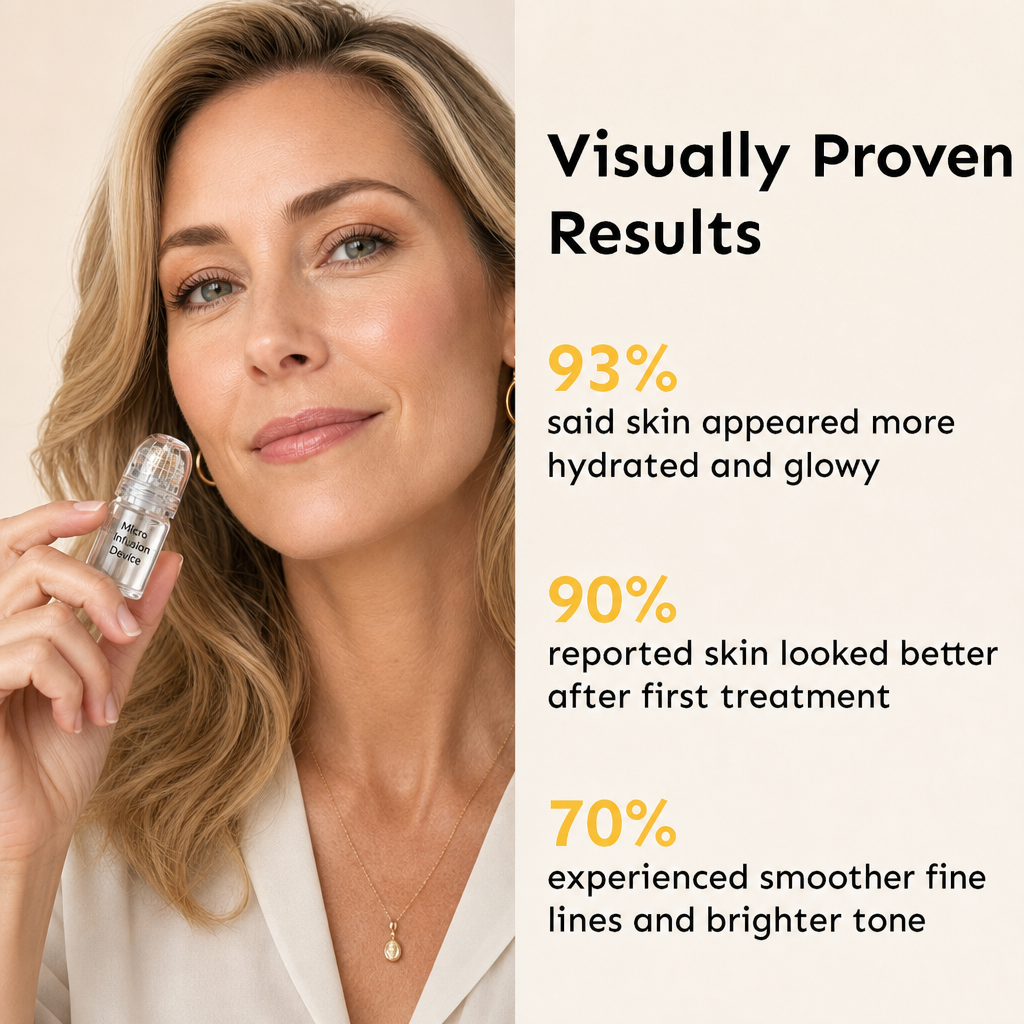 Clinical results of at-home microneedling system showing a woman with glowing skin, indicating 93% of users achieved hydrated skin and 90% saw smoother fine lines.