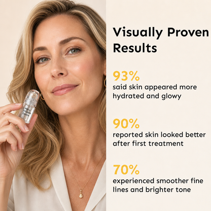 Clinical results of at-home microneedling system showing a woman with glowing skin, indicating 93% of users achieved hydrated skin and 90% saw smoother fine lines.