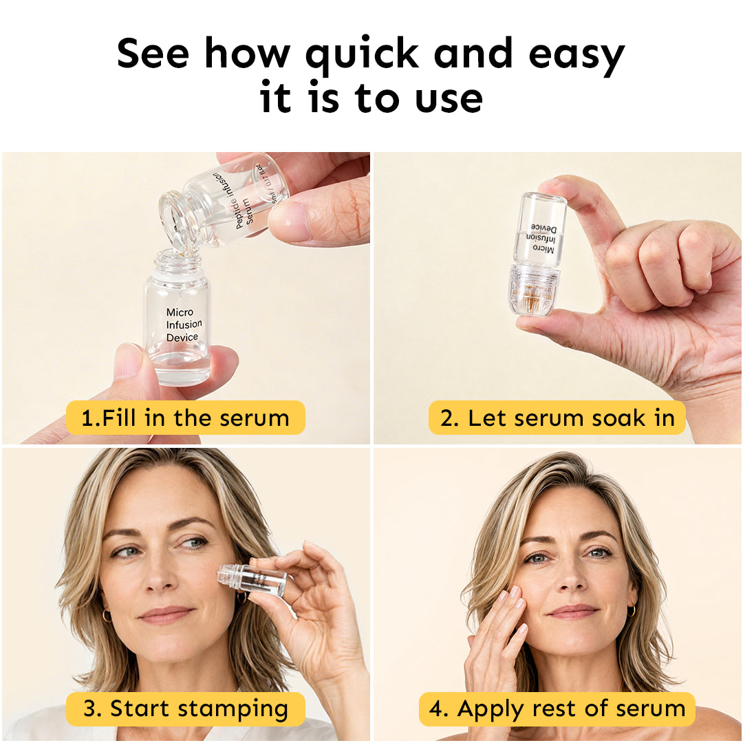 Step-by-step tutorial on how to use the at-home microneedle stamp, including filling the serum, soaking, stamping the face, and applying the remaining essence.